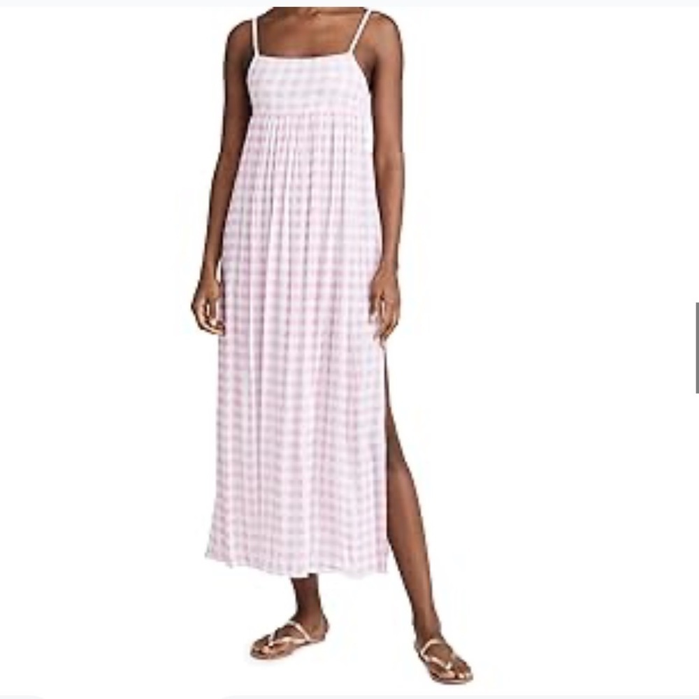 Playa Lucila Pink Check Maxi Slip Dress Smocked Elastic Back Straps Size XS